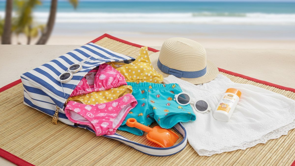 Mala de viagem infantil aberta e bem organizada com roupas de praia coloridas, chap&eacute;u de sol, &oacute;culos e protetor solar, pronta para o ver&atilde;o. Foco em pe&ccedil;as leves e estilosas.