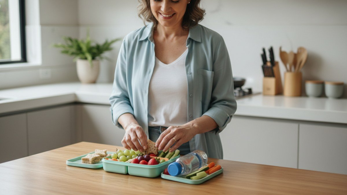 M&atilde;e preparando uma lancheira infantil saud&aacute;vel e variada em uma cozinha iluminada. A lancheira cont&eacute;m frutas frescas, sandu&iacute;ches integrais e vegetais, simbolizando o cuidado com a alimenta&ccedil;&atilde;o escolar.
