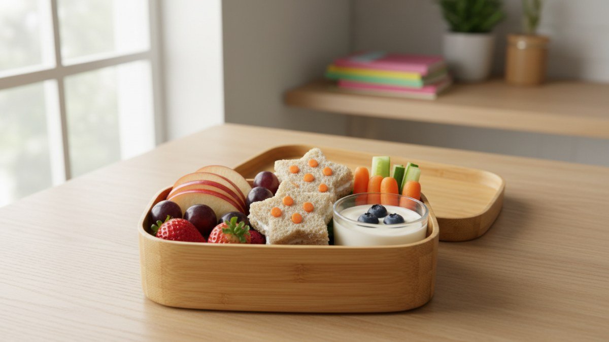 Lancheira infantil aberta e organizada, exibindo uma variedade de alimentos saud&aacute;veis e coloridos como frutas frescas, sandu&iacute;ches integrais e iogurte, em um ambiente iluminado. A imagem simboliza cuidado e nutri&ccedil;&atilde;o para a crian&ccedil;a.