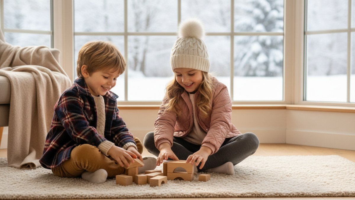 Duas crian&ccedil;as, um menino e uma menina, vestindo roupas de inverno elegantes e confort&aacute;veis, brincando em um ambiente aconchegante com uma janela nevada ao fundo. A cena transmite calor, prote&ccedil;&atilde;o e alegria infantil.
