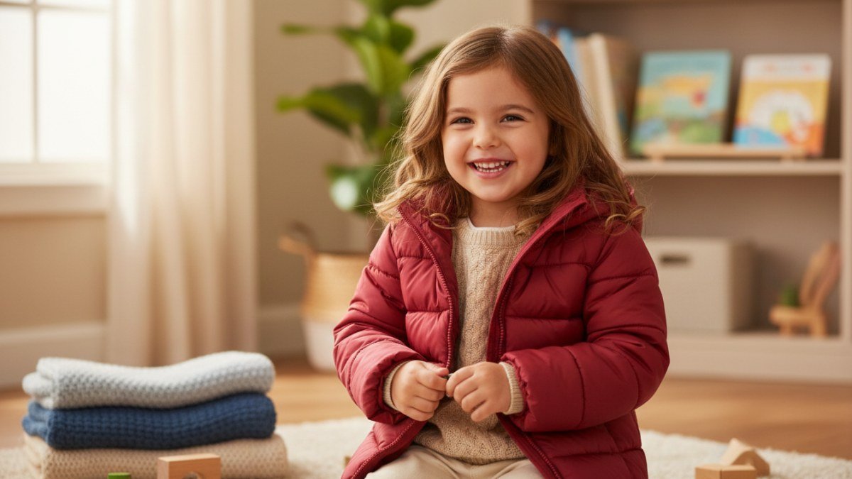 Crian&ccedil;a sorridente, de aproximadamente 5 anos, vestida com roupas de inverno em camadas: blusa t&eacute;rmica, su&eacute;ter e casaco colorido. Ela est&aacute; em um ambiente interno aconchegante, transmitindo a ideia de conforto e prote&ccedil;&atilde;o contra o frio para crian&ccedil;as.
