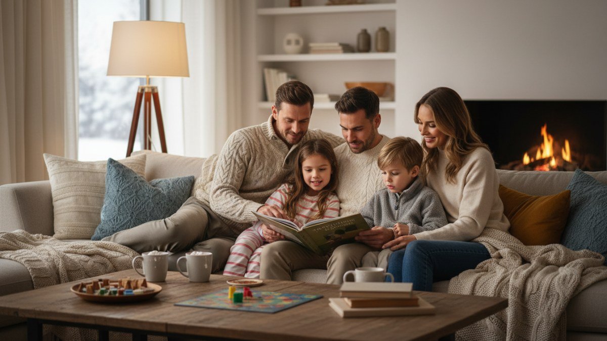 Fam&iacute;lia aconchegada no sof&aacute; lendo um livro, vestindo roupas de inverno quentinhas, simbolizando o conforto e a uni&atilde;o nos dias frios.