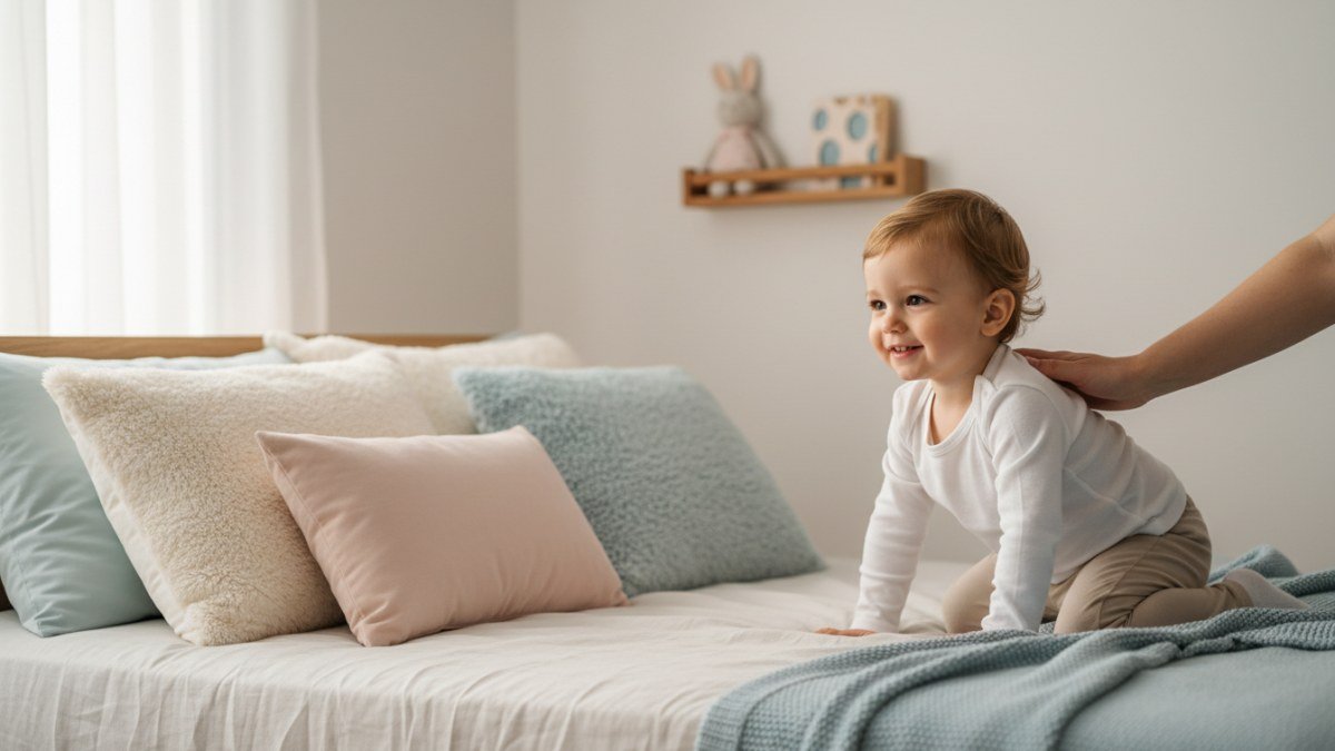 Crian&ccedil;a pequena sorrindo sentada em sua nova cama infantil, com a m&atilde;o de um adulto transmitindo seguran&ccedil;a, simbolizando a transi&ccedil;&atilde;o do ber&ccedil;o para a cama em um ambiente acolhedor e tranquilo.