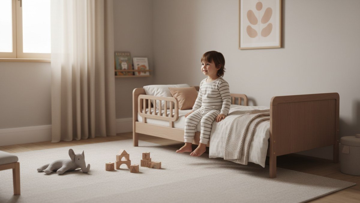 Quarto infantil seguro e aconchegante com cama baixa, grades de prote&ccedil;&atilde;o e decora&ccedil;&atilde;o suave, pronto para a transi&ccedil;&atilde;o do ber&ccedil;o. Uma crian&ccedil;a pequena, vestindo pijama confort&aacute;vel, explora o novo espa&ccedil;o.