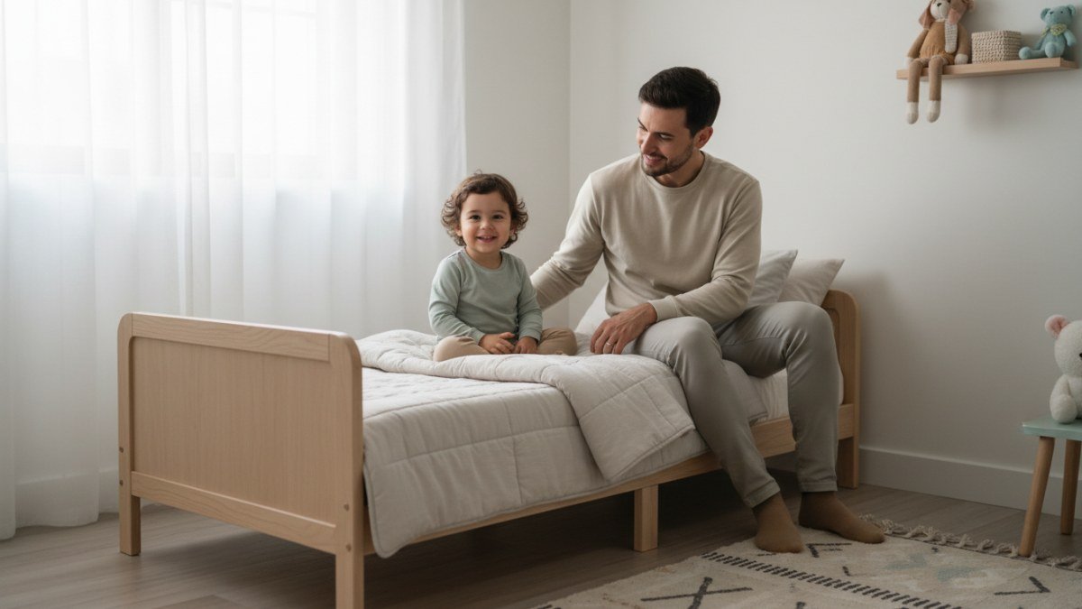 Crian&ccedil;a sorridente de 2 a 3 anos sentada em sua nova cama infantil, enquanto um dos pais a observa com carinho, celebrando a transi&ccedil;&atilde;o do ber&ccedil;o para a cama com alegria e aconchego no quarto.