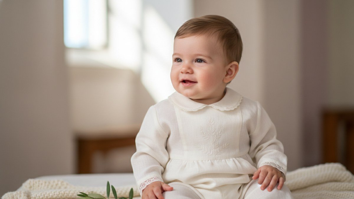 Um beb&ecirc; ou crian&ccedil;a pequena em um traje de batizado elegante de cor clara, com detalhes delicados, transmitindo a pureza e a alegria da celebra&ccedil;&atilde;o familiar.