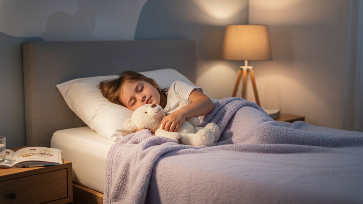 Uma crian&ccedil;a de aproximadamente 4 anos dormindo tranquilamente em sua cama no pr&oacute;prio quarto, com um ursinho de pel&uacute;cia e ilumina&ccedil;&atilde;o suave, simbolizando seguran&ccedil;a emocional e a transi&ccedil;&atilde;o para dormir sozinha.