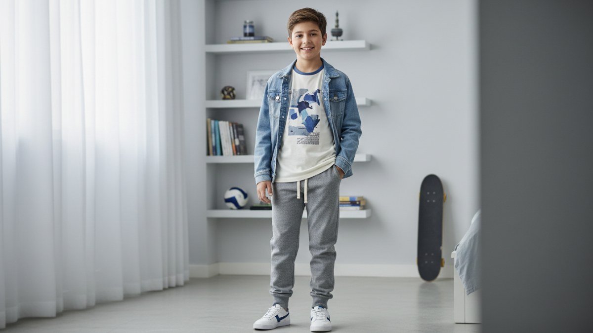 Menino pr&eacute;-adolescente de 12 anos vestindo camiseta, jaqueta e cal&ccedil;a confort&aacute;vel, expressando seu estilo e personalidade.