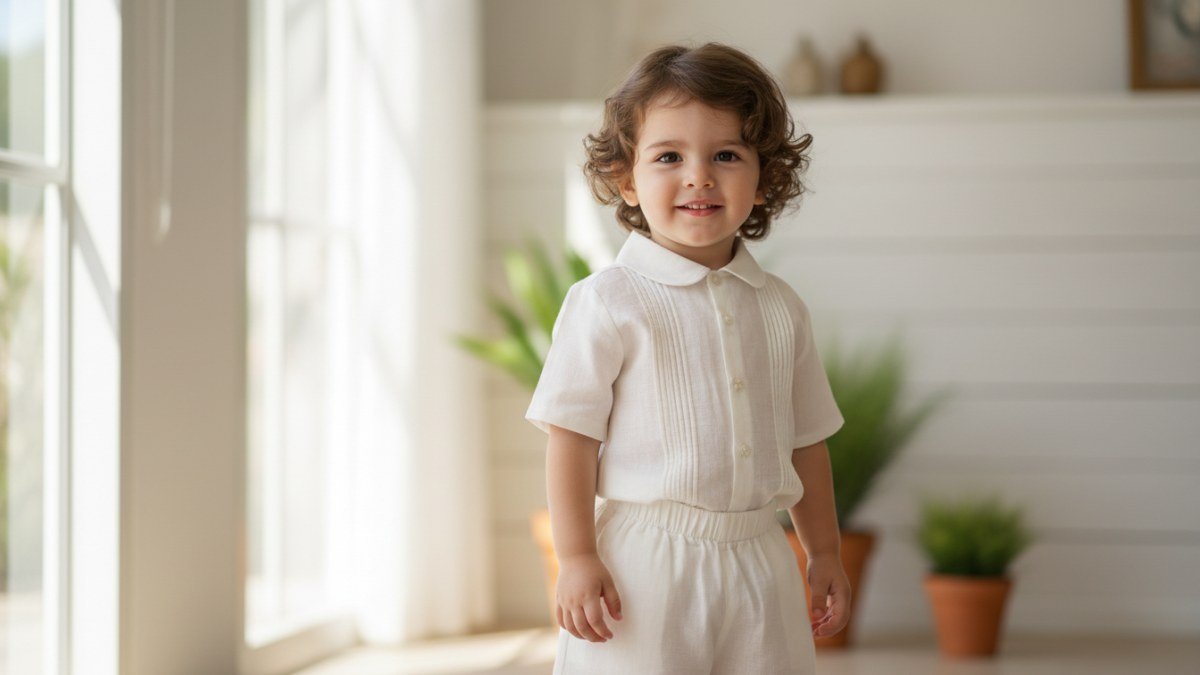 Crian&ccedil;a entre 4 e 6 anos vestindo um conjunto elegante de batizado em tons claros, com foco na qualidade do tecido e no design cl&aacute;ssico, posando em um ambiente iluminado e suave.