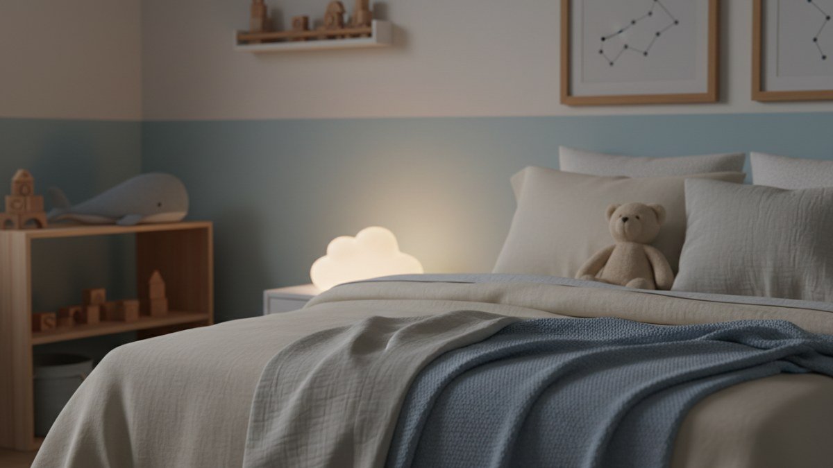 Quarto infantil aconchegante com cama arrumada, luz noturna suave e brinquedos de pel&uacute;cia, transmitindo seguran&ccedil;a e tranquilidade para o sono do beb&ecirc; ou da crian&ccedil;a.