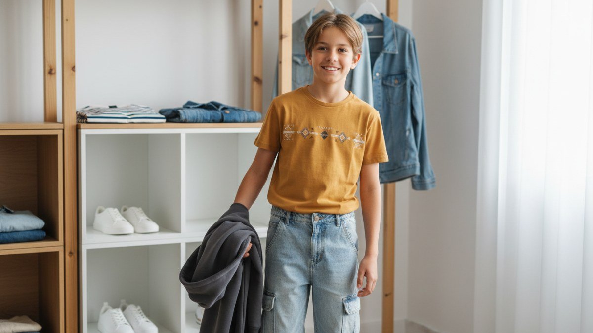 Menino pr&eacute;-adolescente sorrindo, segurando uma camiseta moderna, com jeans e moletom dobrados ou em cabides ao fundo, em um ambiente organizado. A imagem ilustra pe&ccedil;as essenciais para looks masculinos vers&aacute;teis e confort&aacute;veis.