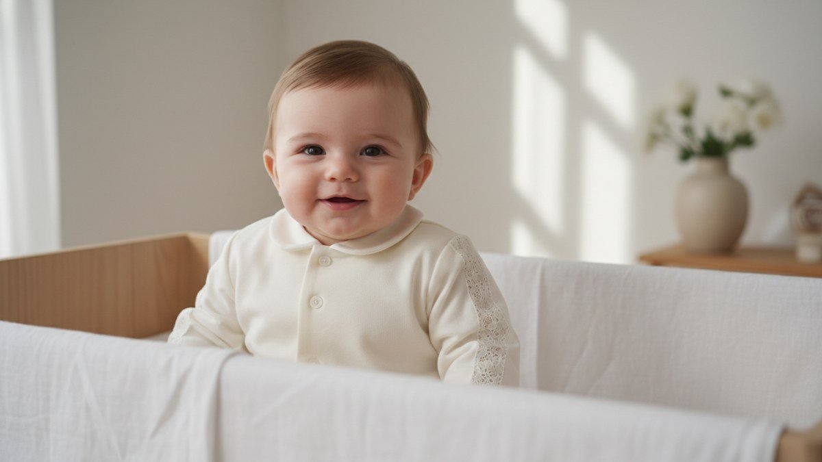 Um beb&ecirc; vestido com um delicado e confort&aacute;vel traje de batizado branco, com detalhes sutis, simbolizando a pureza e a celebra&ccedil;&atilde;o deste momento especial.