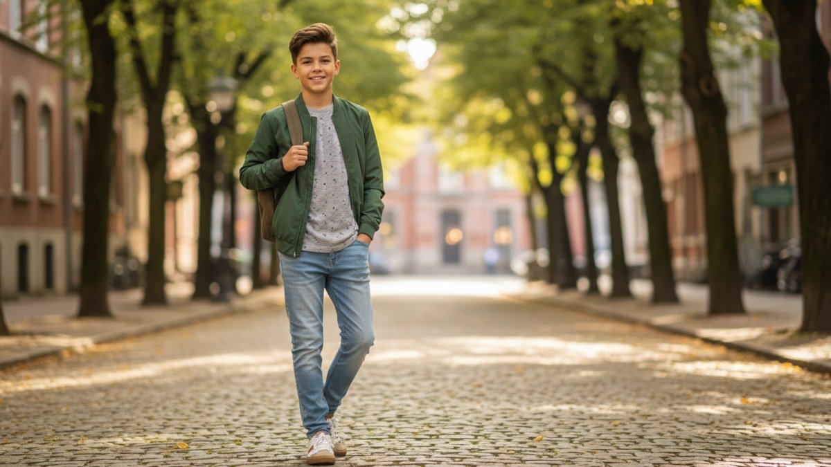 Menino pr&eacute;-adolescente com look masculino casual e estiloso, combinando jeans, camiseta e moletom, transmitindo confian&ccedil;a e conforto em sua individualidade.