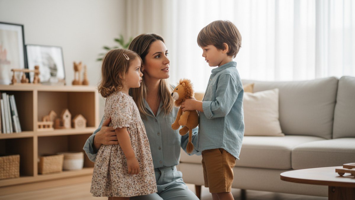 Uma m&atilde;e em ambiente dom&eacute;stico, ajoelhada ao lado de seus dois filhos, um mais velho e um mais novo, conversando com eles de forma calma e atenta. A cena sugere um momento de media&ccedil;&atilde;o ou ensino sobre compartilhamento e empatia, essencial para lidar com o ci&uacute;me entre irm&atilde;os e fortalecer o v&iacute;nculo familiar.