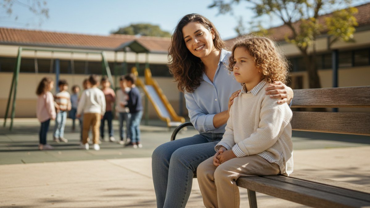 Crian&ccedil;a em idade escolar sentada em um banco com um adulto ao lado, observando outras crian&ccedil;as brincarem, simbolizando o apoio parental a um filho t&iacute;mido no ambiente escolar.