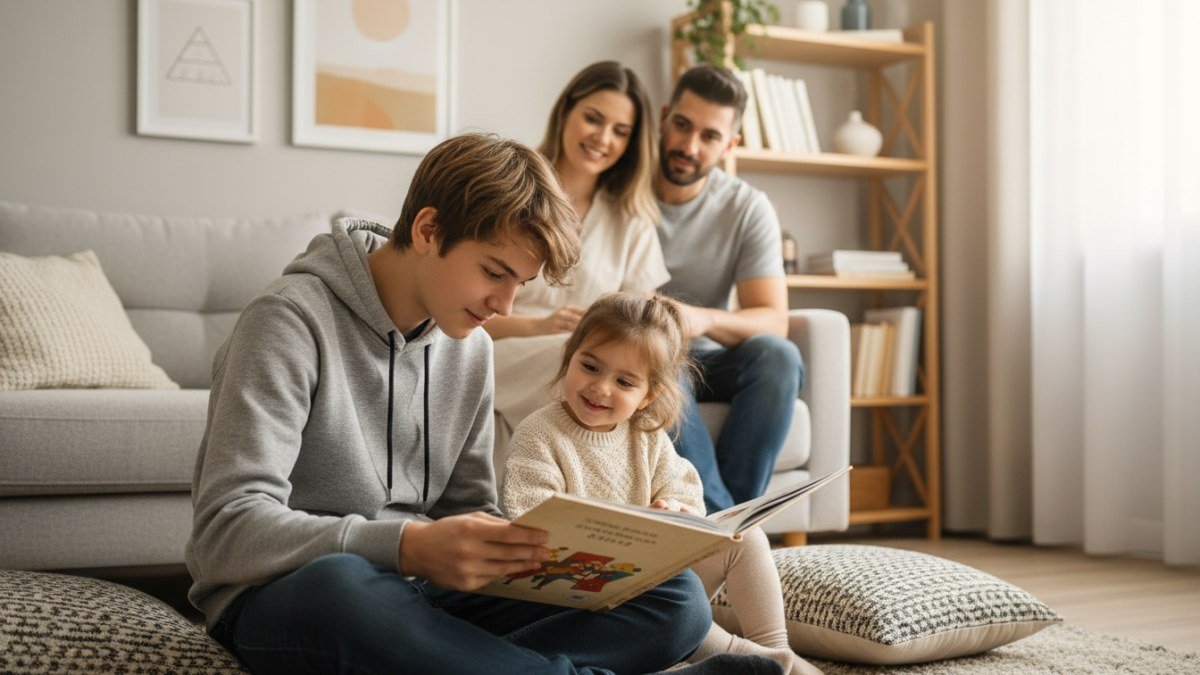 Irm&atilde;o mais velho lendo para o irm&atilde;o mais novo em um sof&aacute;, com os pais observando. Imagem que representa a harmonia e o fortalecimento do v&iacute;nculo familiar ap&oacute;s lidar com o ci&uacute;me.