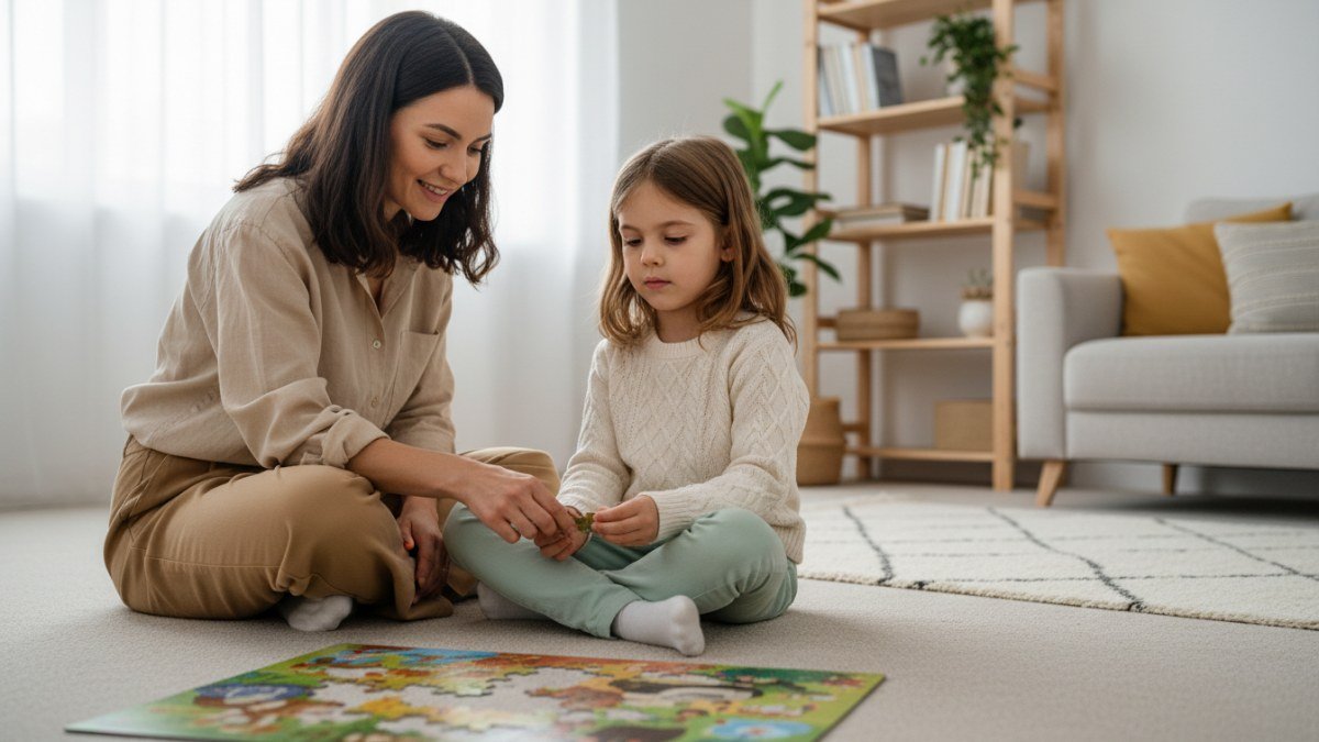 Crian&ccedil;a em casa com um adulto, brincando e interagindo para construir autoconfian&ccedil;a. A cena mostra a import&acirc;ncia do apoio familiar no desenvolvimento social.