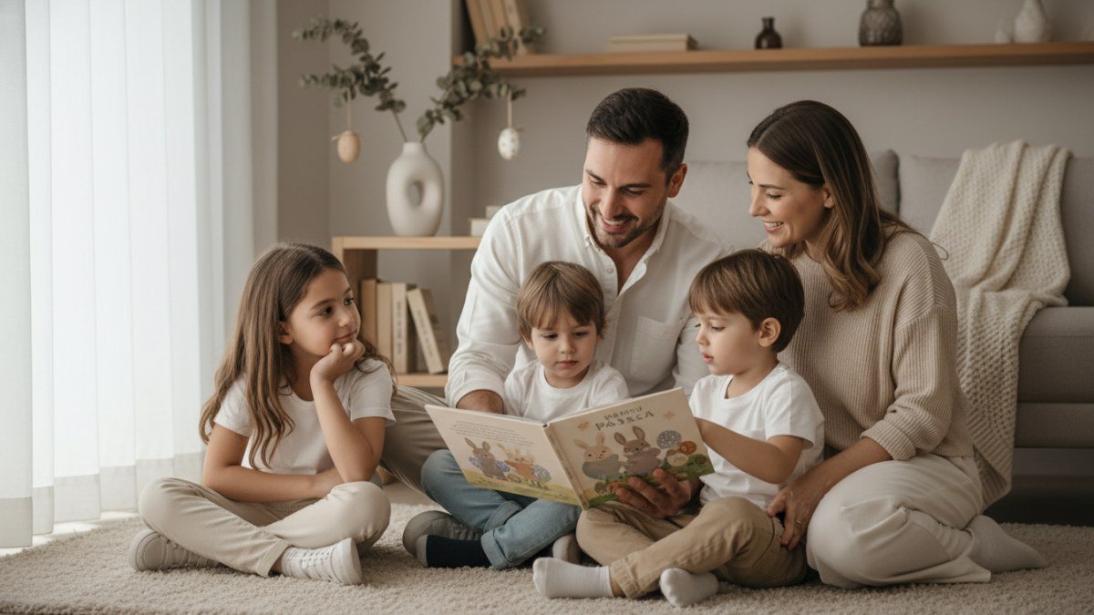 M&atilde;e carinhosamente explicando o significado da P&aacute;scoa para seus dois filhos, sentados no ch&atilde;o, com um livro infantil. A cena transmite aconchego e conex&atilde;o familiar.