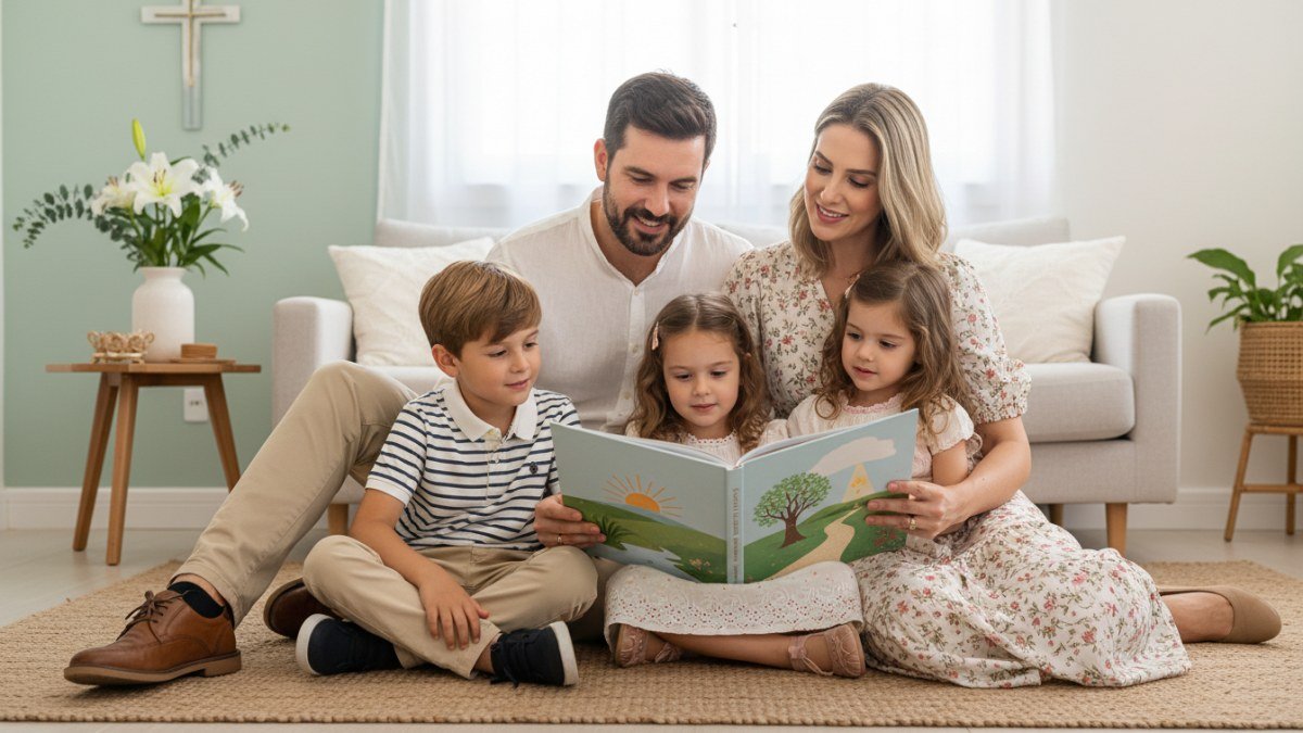 Fam&iacute;lia feliz (pai, m&atilde;e e duas crian&ccedil;as) sentada no ch&atilde;o da sala, lendo um livro infantil ilustrado sobre a hist&oacute;ria da P&aacute;scoa crist&atilde;. O ambiente &eacute; acolhedor e decorado sutilmente para a P&aacute;scoa, com foco na conex&atilde;o familiar e no aprendizado do verdadeiro significado da data.