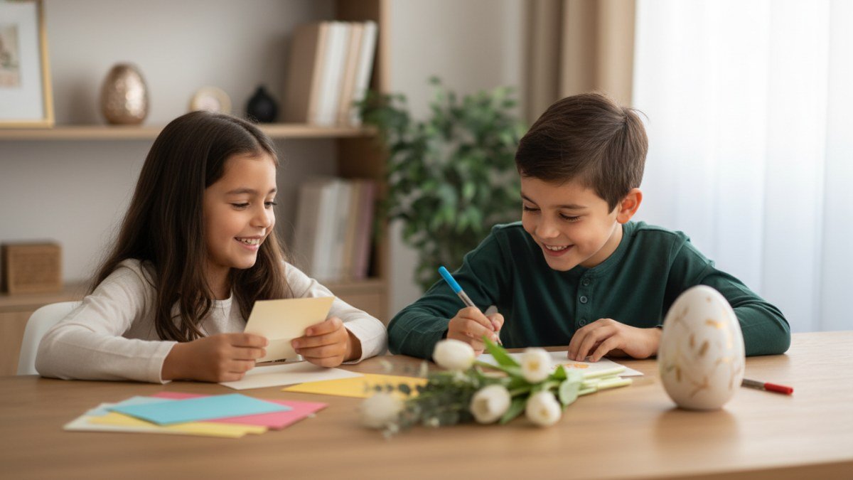 Duas crian&ccedil;as, um menino e uma menina, com express&otilde;es de alegria, sentadas em uma mesa acolhedora decorada para a P&aacute;scoa. Elas est&atilde;o concentradas em escrever ou ler mensagens em cart&otilde;es, simbolizando a troca de carinho e o significado de renova&ccedil;&atilde;o e uni&atilde;o familiar da data.
