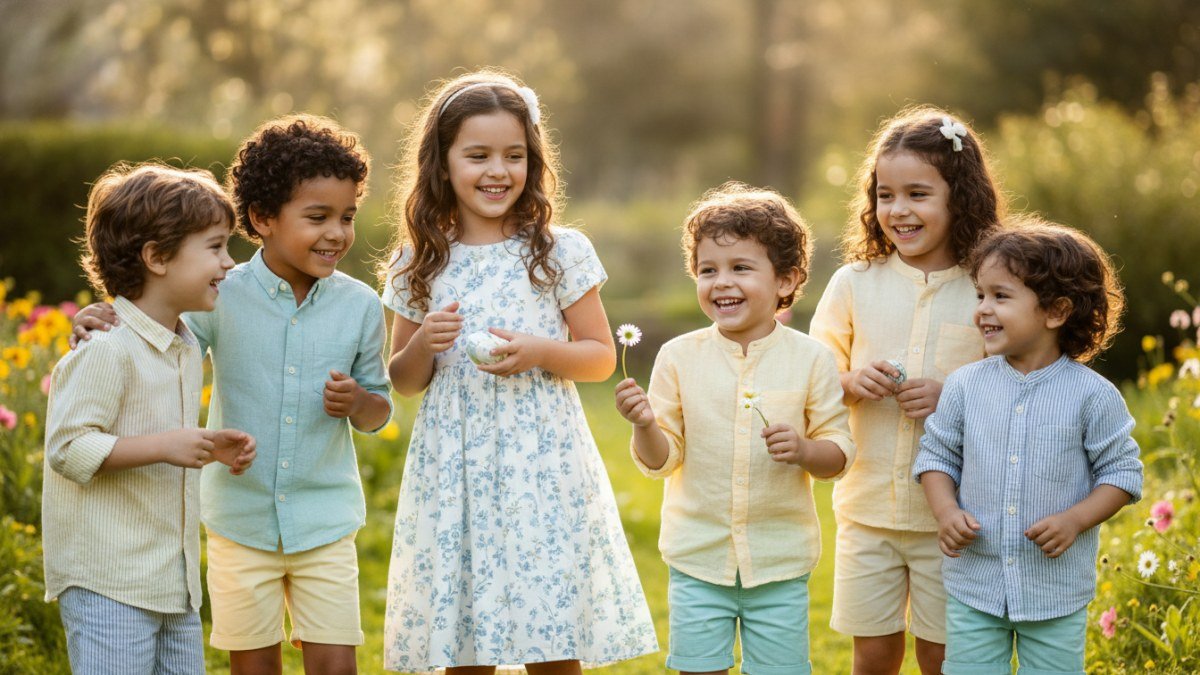 Crian&ccedil;as brasileiras em looks infantis de P&aacute;scoa elegantes e confort&aacute;veis, brincando em um jardim ensolarado durante uma celebra&ccedil;&atilde;o familiar, com roupas em tons pastel.