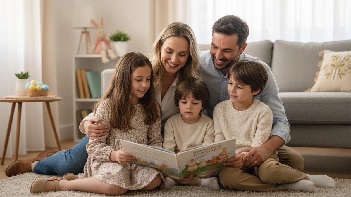 Fam&iacute;lia (pais e duas crian&ccedil;as) sentada no sof&aacute;, lendo um livro infantil sobre a P&aacute;scoa, em um ambiente acolhedor e iluminado, transmitindo uni&atilde;o e aprendizado.