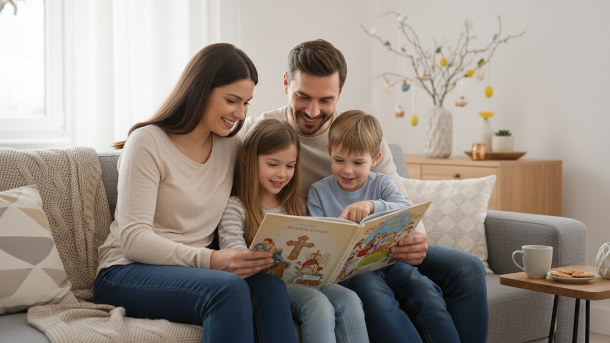 Fam&iacute;lia lendo um livro ilustrado sobre a hist&oacute;ria da P&aacute;scoa crist&atilde; em casa, com pais e filhos aprendendo juntos sobre o significado da data.