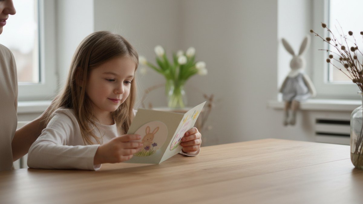 Crian&ccedil;a concentrada com um cart&atilde;o de P&aacute;scoa feito &agrave; m&atilde;o, acompanhada por um adulto, simbolizando a cria&ccedil;&atilde;o ou leitura de mensagens de carinho na P&aacute;scoa.