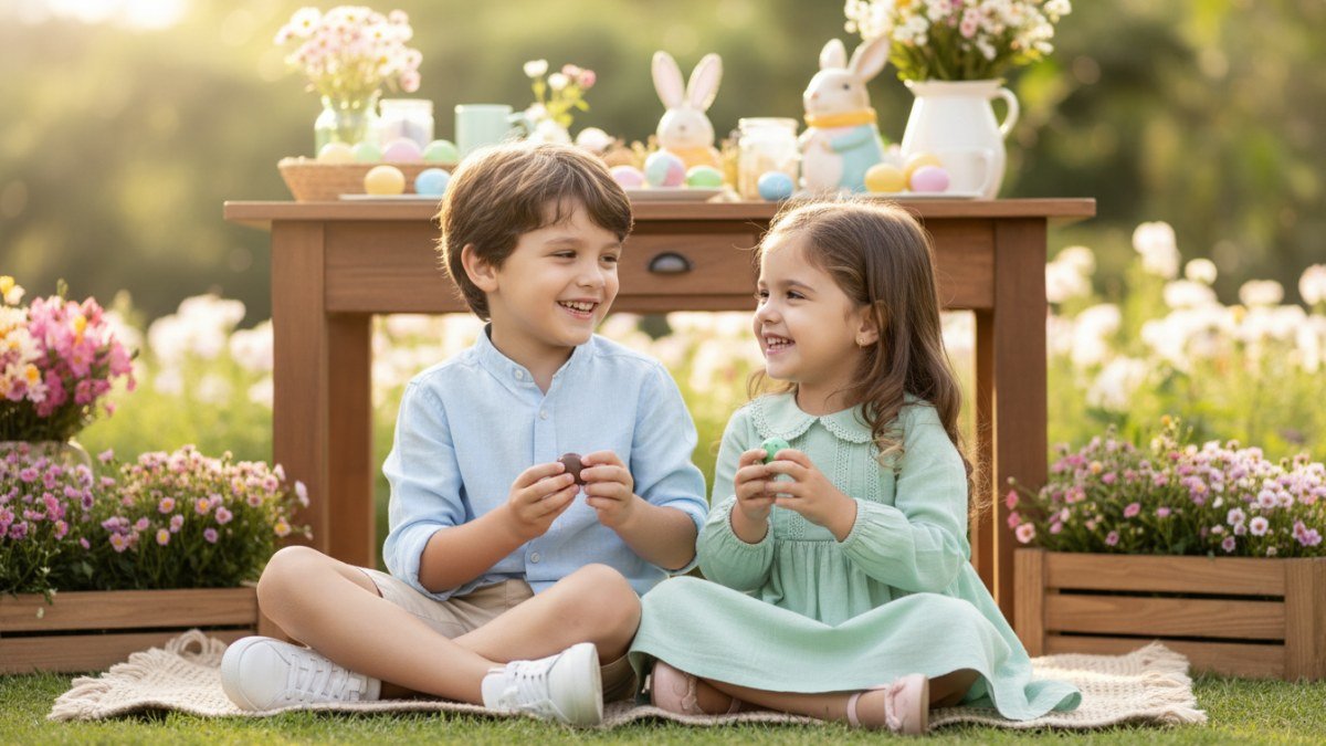 Crian&ccedil;as com looks elegantes e confort&aacute;veis para o almo&ccedil;o de P&aacute;scoa e celebra&ccedil;&otilde;es familiares, vestindo roupas de linho e algod&atilde;o em tons pastel.