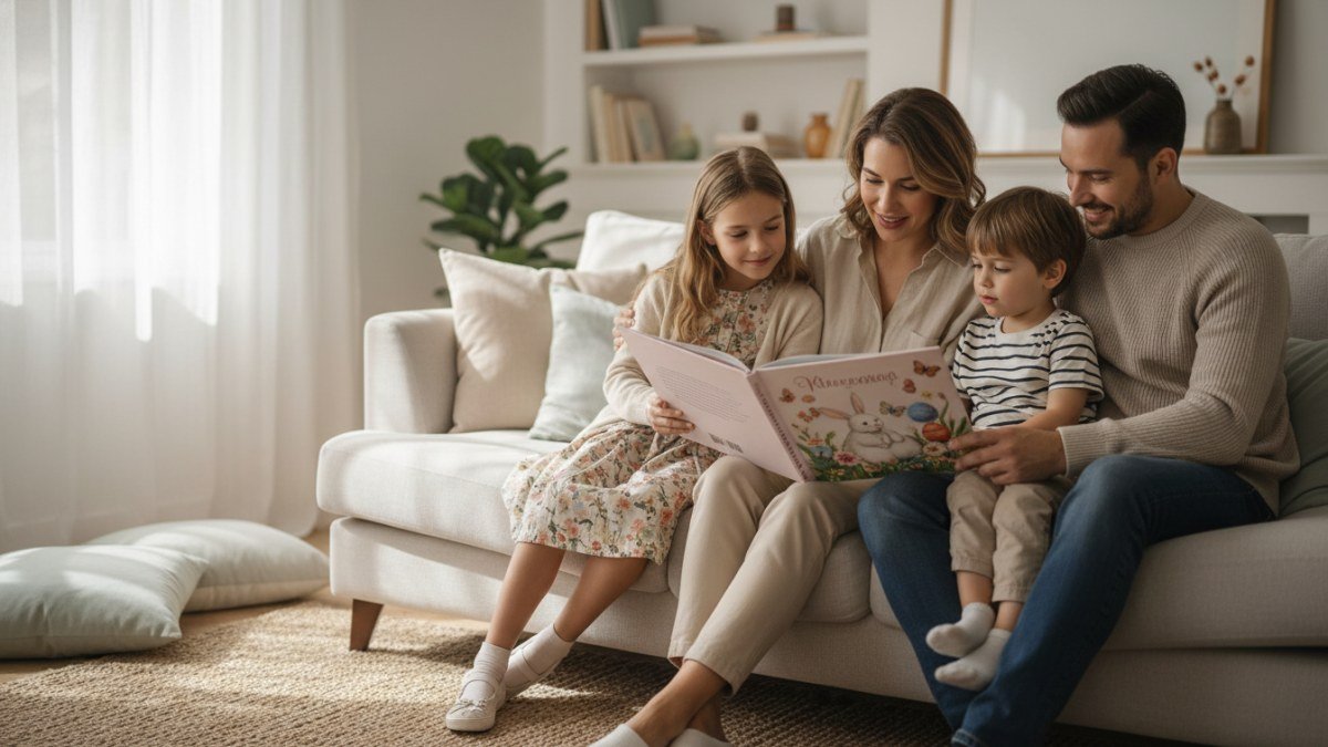 Fam&iacute;lia unida, com pais e filhos de diferentes idades, lendo um livro ilustrado sobre a P&aacute;scoa em um ambiente acolhedor, simbolizando a transmiss&atilde;o da hist&oacute;ria da P&aacute;scoa de forma adequada e carinhosa para cada faixa et&aacute;ria.