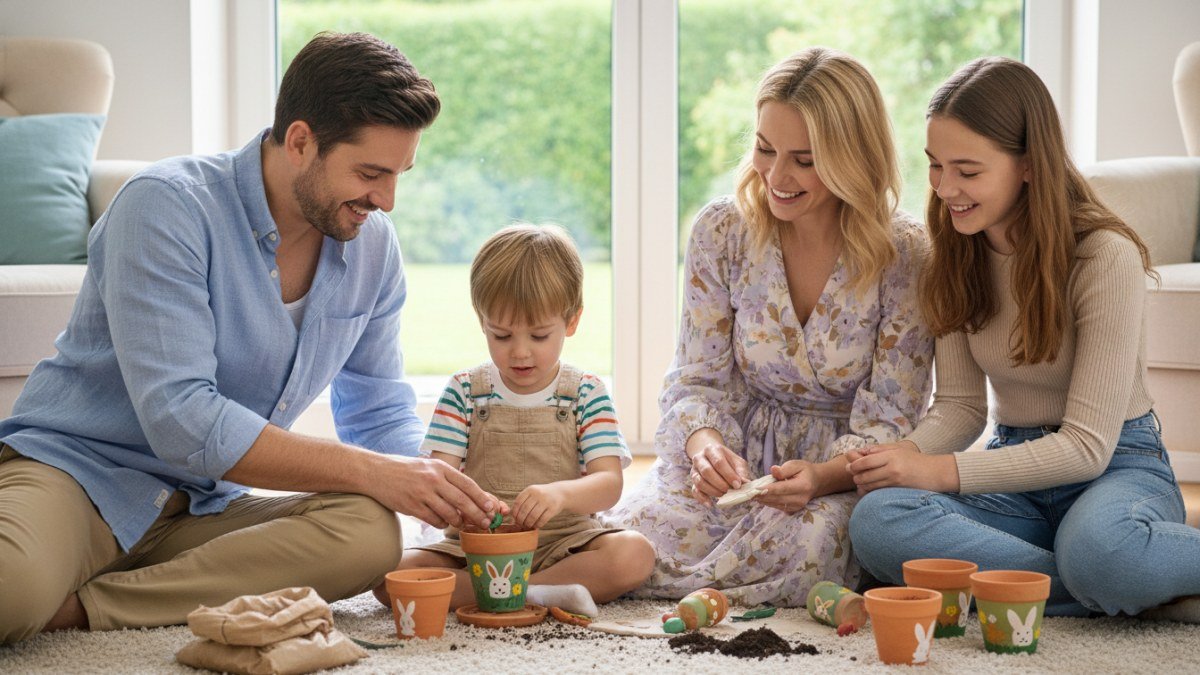 Fam&iacute;lia feliz com pais, uma crian&ccedil;a e um adolescente, plantando sementes ou fazendo um artesanato juntos durante a P&aacute;scoa. A cena transmite uni&atilde;o, carinho e a alegria de construir mem&oacute;rias afetivas em fam&iacute;lia.