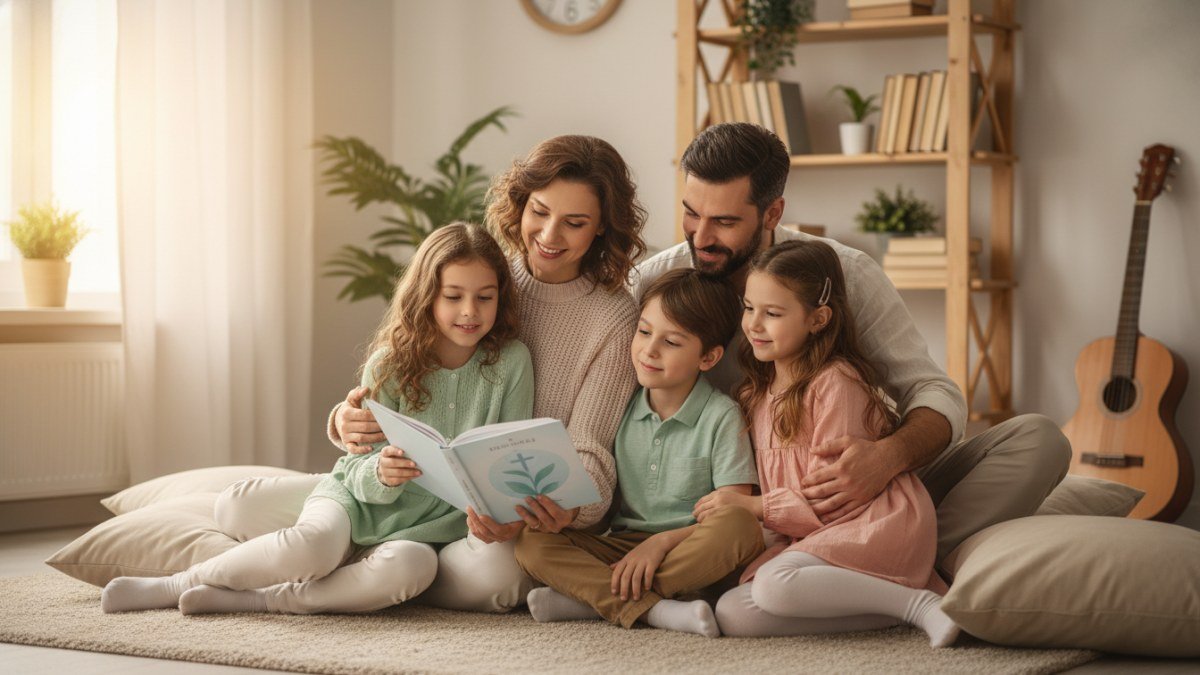 Fam&iacute;lia reunida, com pai e m&atilde;e lendo um livro sobre a P&aacute;scoa crist&atilde; para seus filhos, um menino e uma menina, em um ambiente acolhedor. A imagem transmite o aprendizado e a celebra&ccedil;&atilde;o do verdadeiro significado da P&aacute;scoa em fam&iacute;lia.