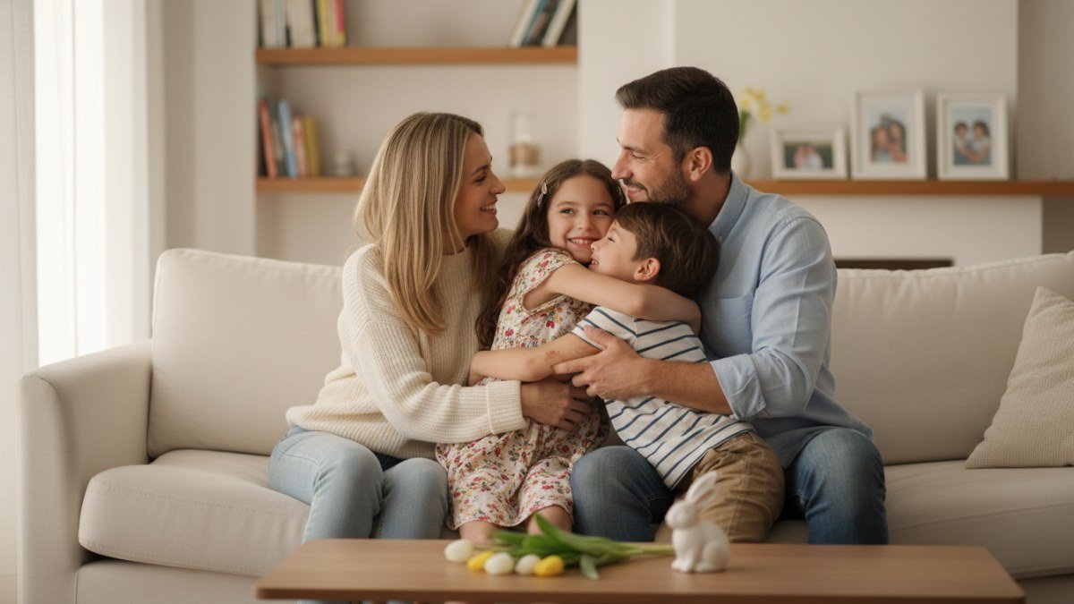Fam&iacute;lia feliz (pai, m&atilde;e e duas crian&ccedil;as) abra&ccedil;ada e sorrindo, compartilhando um momento de carinho e uni&atilde;o em casa durante a P&aacute;scoa, simbolizando a renova&ccedil;&atilde;o e o amor familiar.