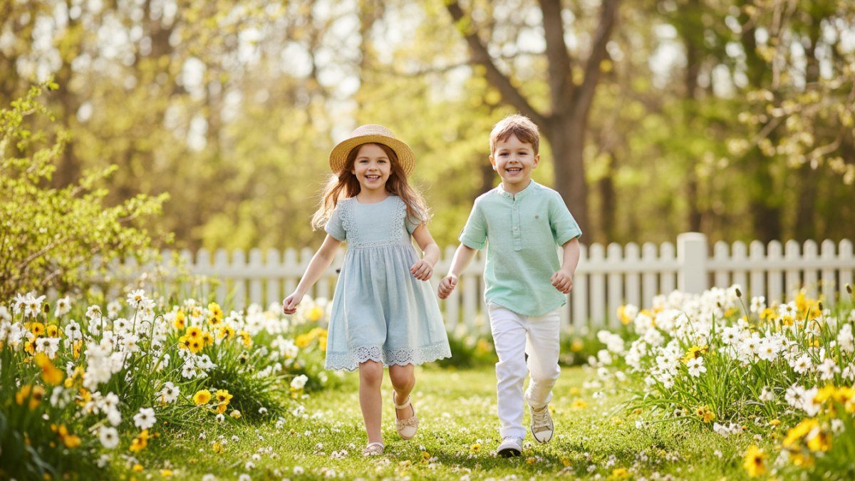 Crian&ccedil;as sorridentes vestindo looks de P&aacute;scoa confort&aacute;veis e estilosos em tons claros, brincando em um jardim ensolarado. A imagem reflete a alegria e a liberdade dos pequenos durante a celebra&ccedil;&atilde;o.