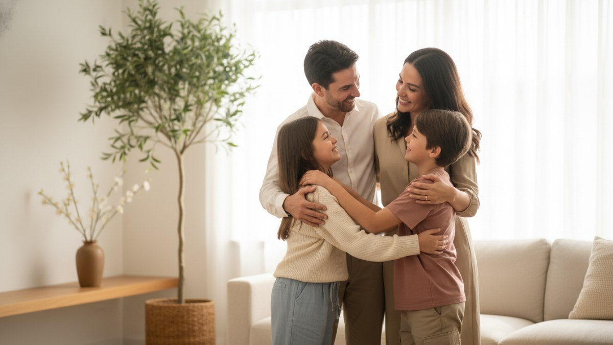 Fam&iacute;lia (pais, menino e menina) abra&ccedil;ados e sorrindo em um ambiente acolhedor, transmitindo uni&atilde;o e amor, representando a conex&atilde;o familiar na P&aacute;scoa.