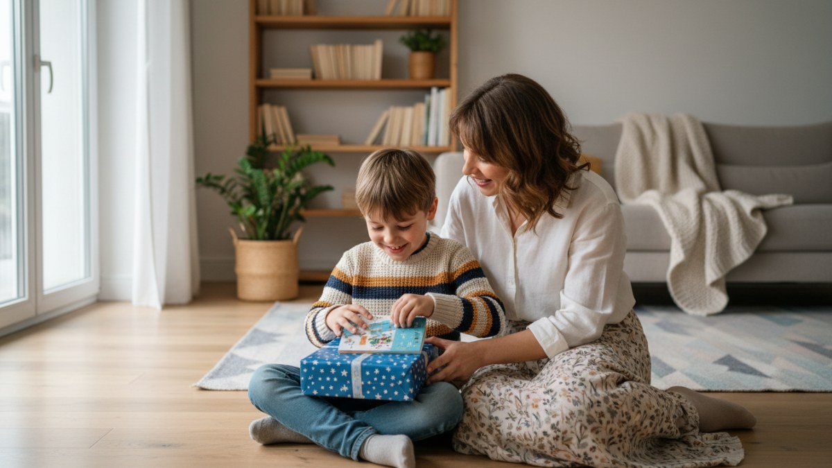 Uma m&atilde;e e seu filho sorrindo enquanto ele abre um presente cuidadosamente escolhido no Dia das Crian&ccedil;as, em um ambiente aconchegante, simbolizando afeto e conex&atilde;o familiar.
