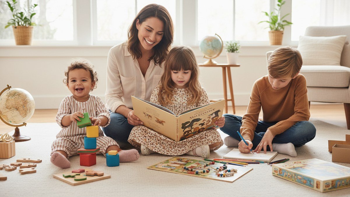 Um pai ou m&atilde;e observando com carinho tr&ecirc;s crian&ccedil;as de diferentes idades (beb&ecirc;, crian&ccedil;a pequena e pr&eacute;-adolescente) brincando com presentes educativos e criativos em um ambiente aconchegante, ilustrando a import&acirc;ncia de escolher presentes adequados para cada fase do desenvolvimento no Dia das Crian&ccedil;as.