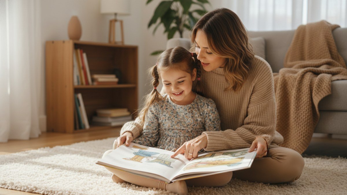 Pai ou m&atilde;e e filho lendo um livro juntos, com sorrisos, em um momento de carinho e aten&ccedil;&atilde;o m&uacute;tua, ilustrando a import&acirc;ncia de presentes afetivos no Dia das Crian&ccedil;as.