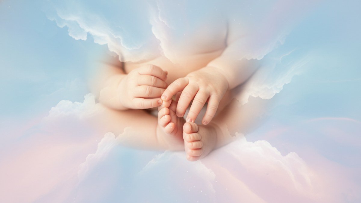 Imagem et&eacute;rea de um beb&ecirc; rec&eacute;m-nascido envolto em luz dourada, simbolizando pureza, um novo come&ccedil;o e renascimento espiritual em um ambiente sereno de tons pastel.