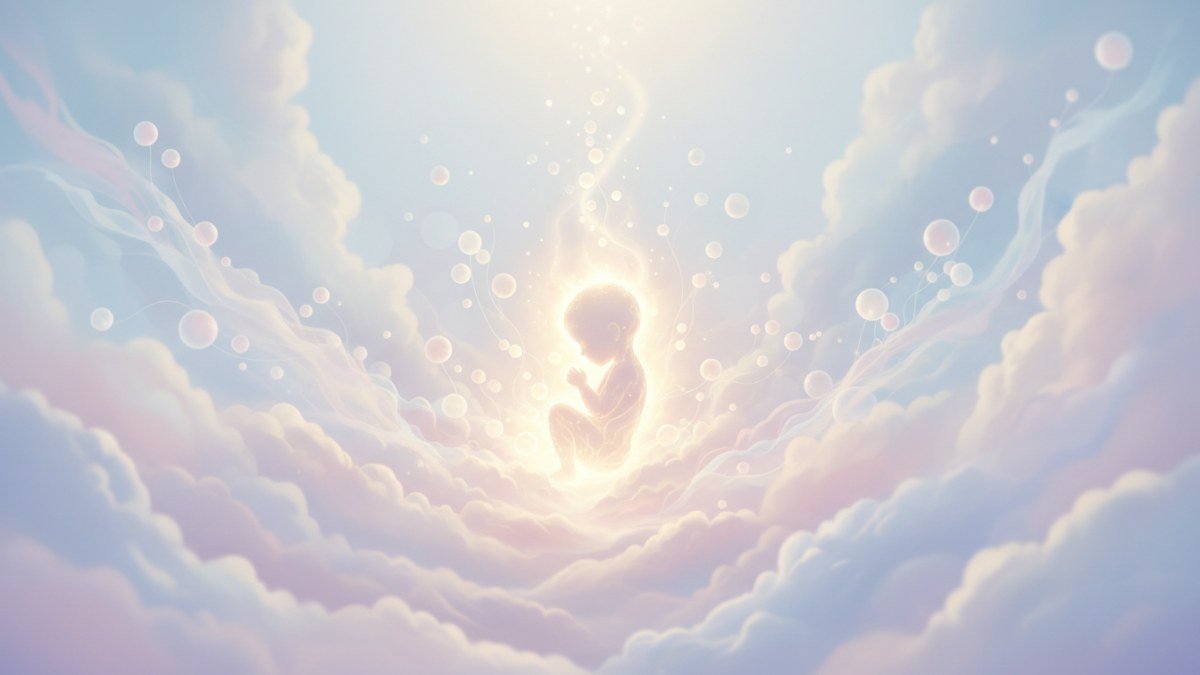 Imagem et&eacute;rea e suave com tons pastel, representando um renascimento ou novo come&ccedil;o espiritual. Uma silhueta abstrata emerge de uma luz c&aacute;lida, cercada por elementos que evocam transforma&ccedil;&atilde;o e esperan&ccedil;a, simbolizando o nascimento de algo novo e profundo.