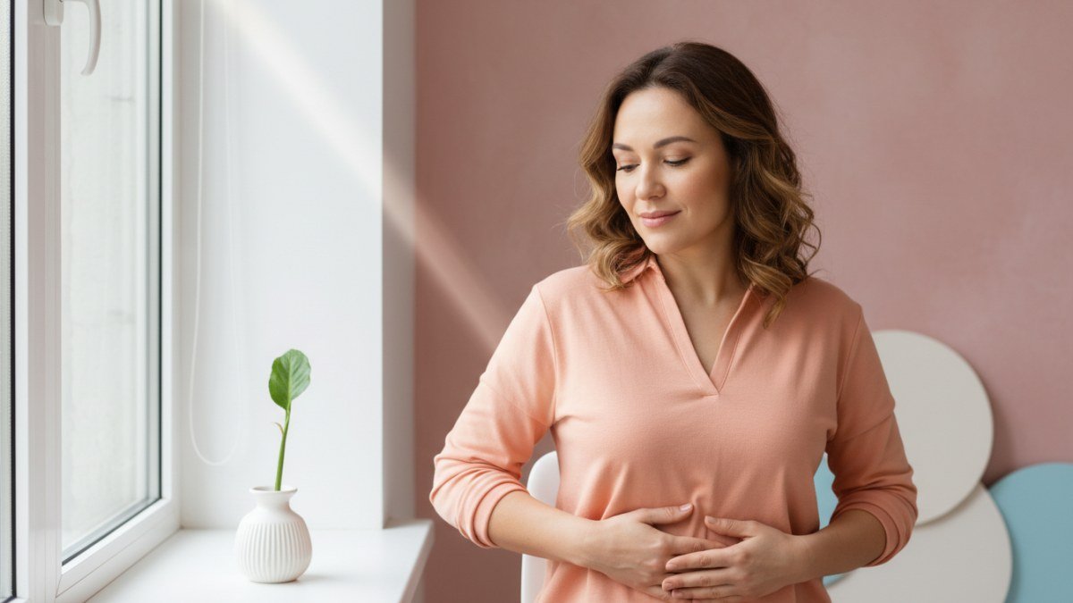 Mulher adulta com express&atilde;o serena e m&atilde;os delicadamente repousadas, em um ambiente de luz suave, simbolizando a intui&ccedil;&atilde;o, a cria&ccedil;&atilde;o e o florescer de novas ideias e projetos, relacionada &agrave; interpreta&ccedil;&atilde;o de sonhos com gravidez de menina.