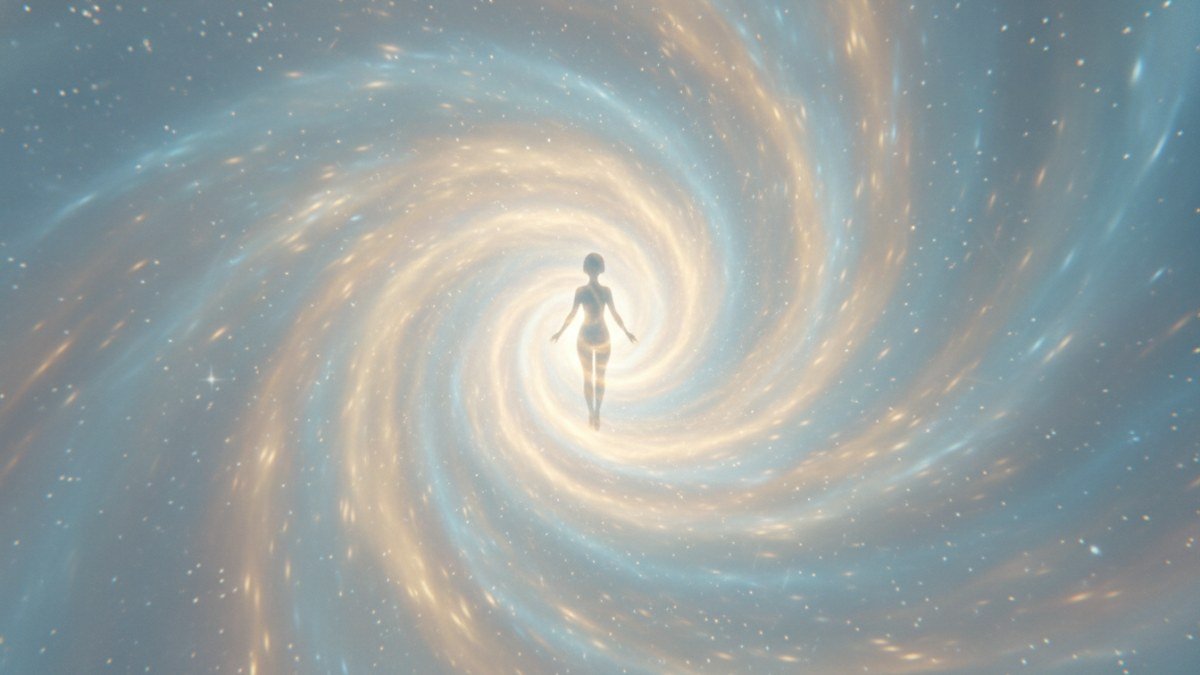 Imagem art&iacute;stica e et&eacute;rea com luz dourada suave e tons de azul, simbolizando um renascimento espiritual. Uma figura delicada e abstrata emerge de uma n&eacute;voa celestial, transmitindo paz, esperan&ccedil;a e a beleza de um novo come&ccedil;o no plano espiritual.