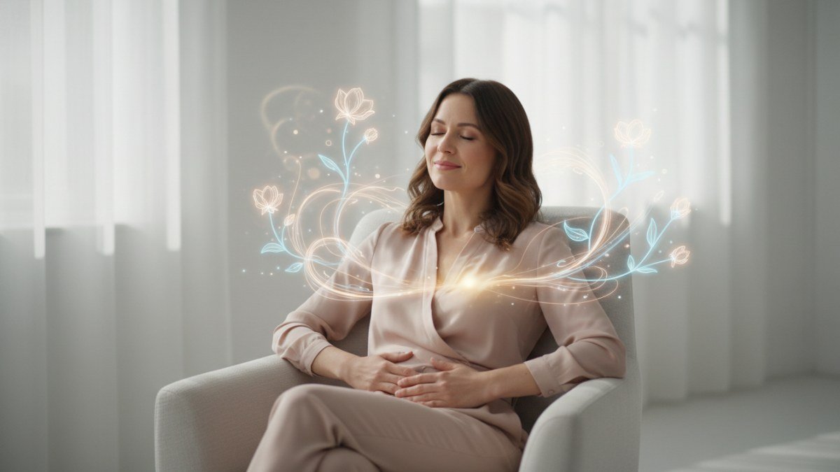 Mulher em pose pensativa e serena, em um ambiente iluminado por luz suave, simbolizando introspec&ccedil;&atilde;o, o nascimento de novas ideias e o florescer de potenciais.