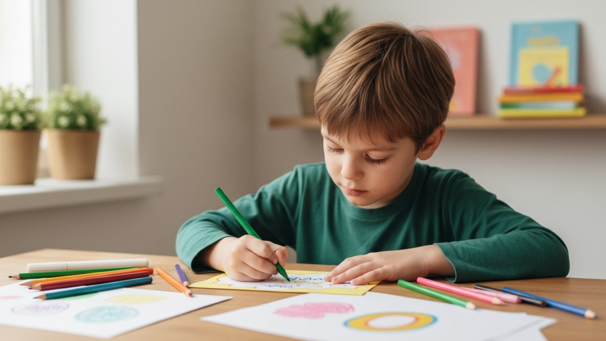 Crian&ccedil;a feliz e concentrada desenhando ou escrevendo um cart&atilde;o colorido para a m&atilde;e, com l&aacute;pis de cor e pap&eacute;is espalhados sobre a mesa, preparando uma homenagem escolar com carinho.