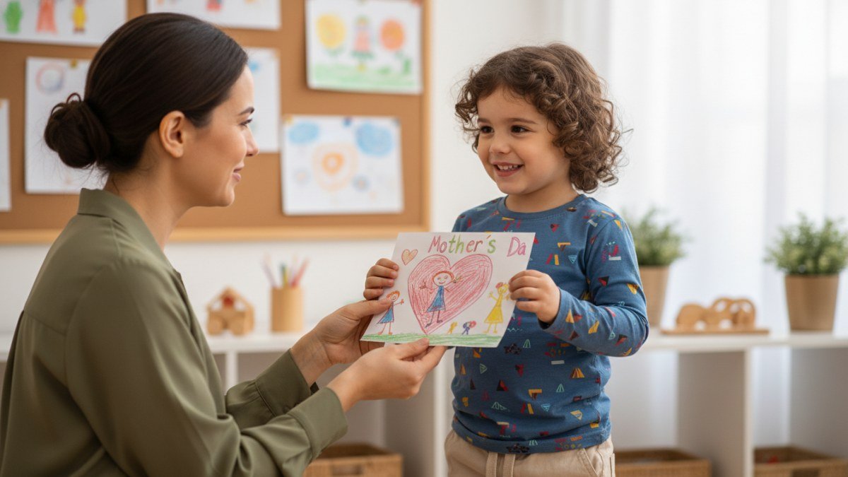 Uma crian&ccedil;a em idade pr&eacute;-escolar, sorridente, entrega um cart&atilde;o de Dia das M&atilde;es colorido e feito &agrave; m&atilde;o para uma mulher adulta, em um ambiente escolar ou dom&eacute;stico aconchegante, representando o carinho infantil e a pureza da mensagem.