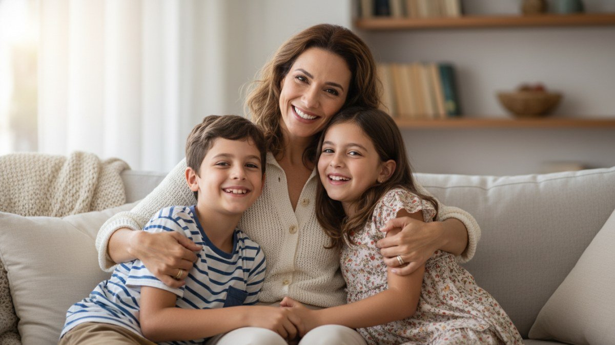 M&atilde;e feliz abra&ccedil;ando seus dois filhos, um menino e uma menina, em um momento genu&iacute;no de carinho e conex&atilde;o familiar. Eles sorriem em um ambiente com luz suave, vestidos com roupas casuais e estilosas, simbolizando a alegria de registrar mem&oacute;rias afetivas.
