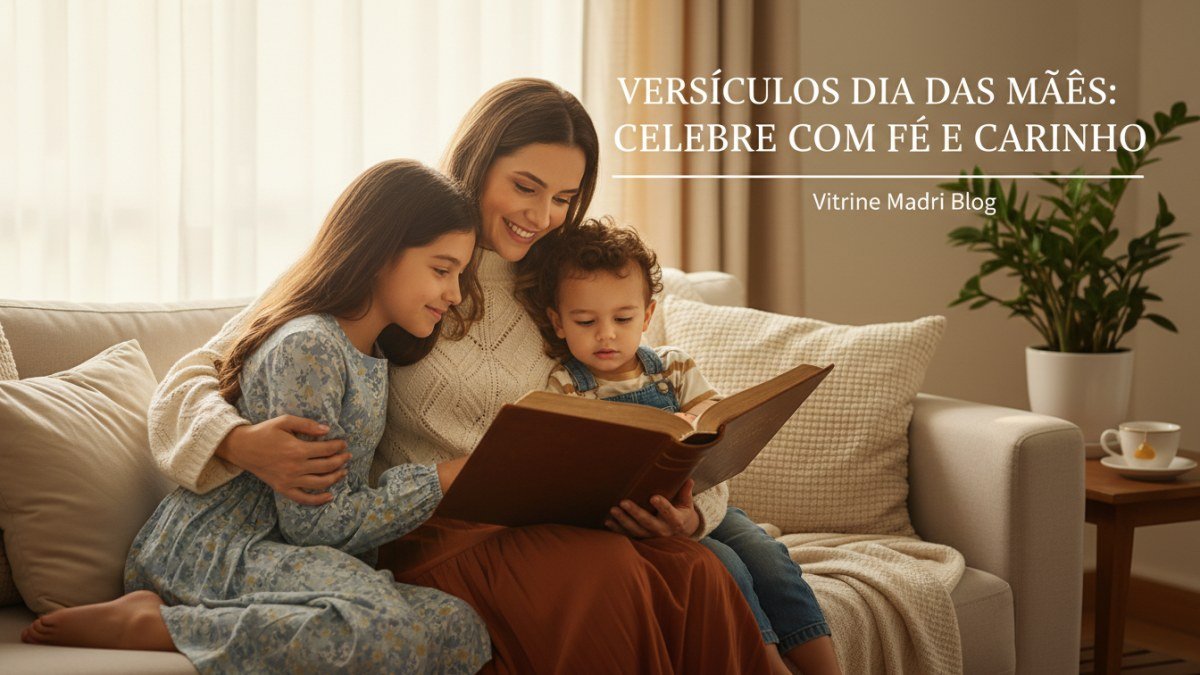 M&atilde;e e filhos lendo a B&iacute;blia juntos em um momento de carinho, celebrando o Dia das M&atilde;es com f&eacute; e amor em fam&iacute;lia.