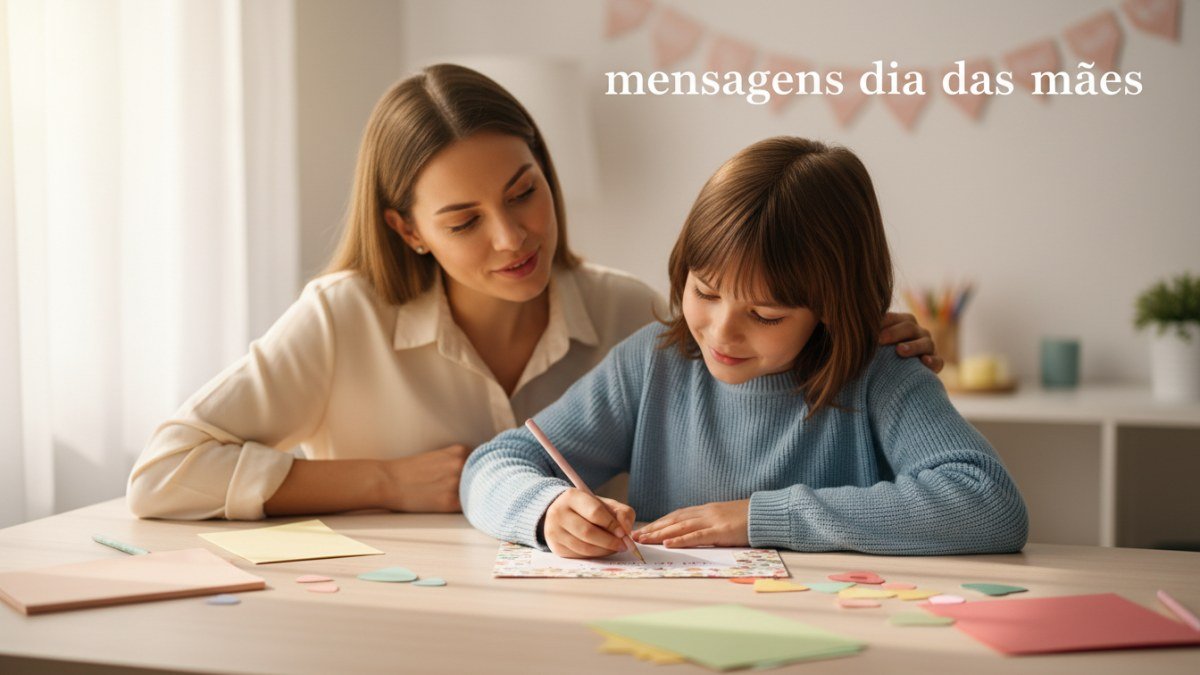 Crian&ccedil;a ou adolescente escrevendo um cart&atilde;o de Dia das M&atilde;es com dedica&ccedil;&atilde;o, em um ambiente familiar aconchegante, simbolizando a cria&ccedil;&atilde;o de mensagens afetivas e personalizadas.