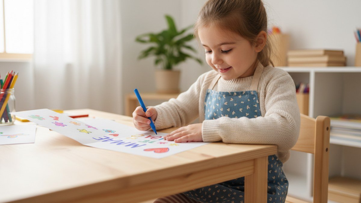 Crian&ccedil;a em idade pr&eacute;-escolar sorrindo e concentrada, decorando um cart&atilde;o de Dia das M&atilde;es com l&aacute;pis de cor e canetinhas, simbolizando a cria&ccedil;&atilde;o de mensagens carinhosas e curtas para a m&atilde;e.