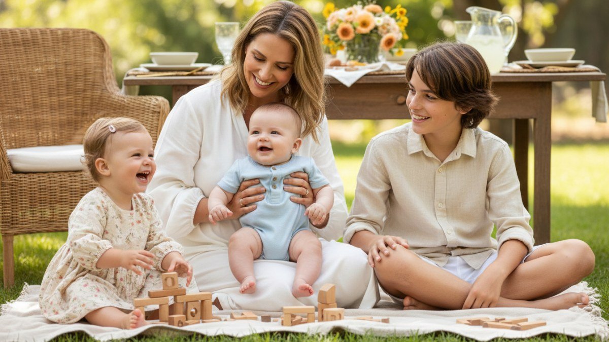 Grupo de crian&ccedil;as de diferentes idades, incluindo um beb&ecirc;, uma crian&ccedil;a pequena e um pr&eacute;-adolescente, vestindo looks confort&aacute;veis e estilosos para o Dia das M&atilde;es, interagindo com uma figura materna em um ambiente familiar e alegre. As roupas s&atilde;o de tecidos leves e cores suaves, ideais para celebra&ccedil;&atilde;o.